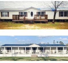 before and after photos of a mobile home in the middle of a field with grass