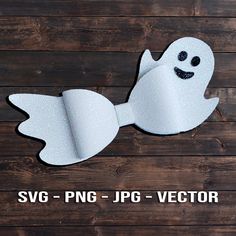 a white paper ghost with black eyes and arms on a wooden background that says svg - png - jpg - vector