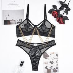 Unleash your daring side with this edgy and provocative lingerie set. The faux leather fabric, combined with the intricate metal chain grid stitching, creates a striking and unforgettable look. The cutout and lace-up details add an extra touch of sensuality, while the solid color maintains a sleek and modern aesthetic. Perfect for those who crave a bold and confident style. Key Features: Metal chain grid stitching for a dramatic effect Faux leather fabric for a luxurious feel Cutout and lace-up Linen Pattern, Chain Bra, Confident Style, Bra And Brief Sets, Leather Lingerie, Outfits Black, Bra Panty, Faux Leather Fabric, Suit Fashion