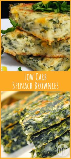 low carb spinach brownies are stacked on top of each other and ready to be eaten