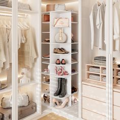 the closet is organized with shoes, bags and handbags for all kinds of things