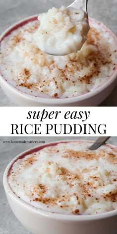 two bowls filled with rice pudding and topped with cinnamon sprinkles on top