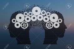 the silhouette of two people with gears in their head