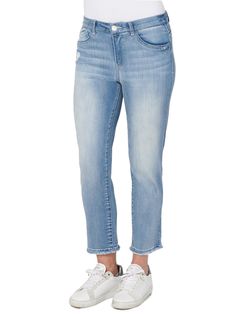 "Luxe Touch Premium Stretch Light Blue Distressed Petite Denim "Ab"solution High Rise Slim Straight Leg High Waisted Jeans" Frayed Hem Jeans, Hem Style, Light Blue Denim, Plus Size Jeans, Premium Denim, Slim Legs, Denim Fabric