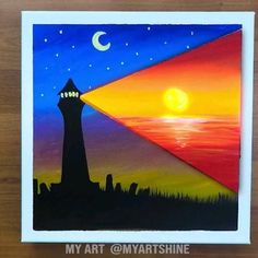 a painting of a lighthouse at night with the moon in the sky