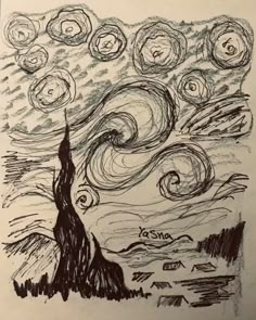 a drawing of the night sky with stars and swirls in black ink on white paper