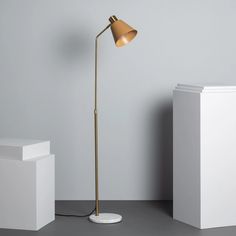 a gold floor lamp next to a white box on the ground in an empty room