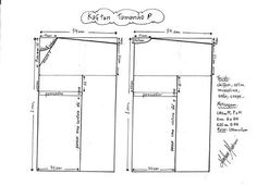 the front and back side of a sewing pattern, with measurements for each piece in it