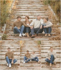 a family sitting on the steps in front of some stairs and smiling at each other