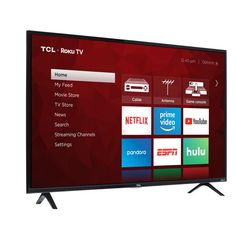 the tcl roux tv is shown in front of a white background with red and black logos