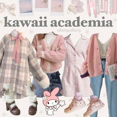 Pastel Cottagecore Aesthetic Outfits, Pink Outfit Moodboard, Kawaii Academia, Academia Aesthetic Outfit, Lookbook Outfits