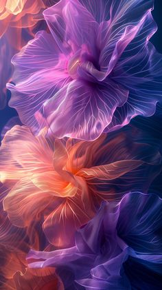 some very pretty colorful flowers with long petals on it's stems in purple and orange colors