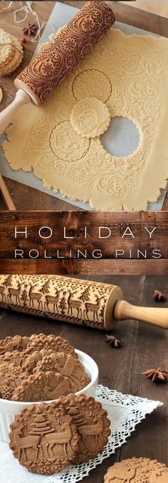 some cookies are sitting on a table with the words holiday rolling pins in front of them