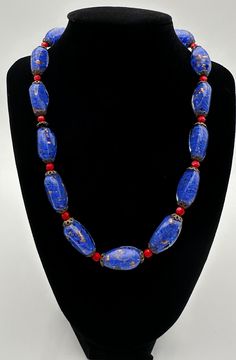 Vintage Murano art glass (Venetian) bead necklace - cobalt blue with copper flecks. *Details: faceted red glass access beads strung with filigree spacers *Hallmark: 14/20 *Condition: very good Artisan Blue Beaded Necklaces With Czech Glass, Artisan Blue Beaded Necklace With Czech Glass, Artisan Blue Czech Glass Beaded Necklaces, Artisan Blue Glass Beaded Necklaces, Blue Murano Glass Beaded Necklace With Large Beads, Blue Murano Glass Necklace With Polished Beads, Traditional Blue Glass Necklaces, Unique Blue Necklaces With Faceted Beads, Handmade Blue Murano Glass Beaded Necklaces