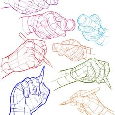 four different colored hand gestures drawn in pencil on a white paper with red, blue, and green lines