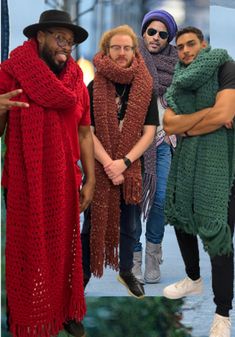 These scarves were popularized by music legend Lenny Kravitz (no association, and I photoshopped Lenny Kravitz into this photo with models Andrew Baron-Grooms, John Merrill, and Chris Garcia). They are blanket style scarves. They use over 900 yards of yarn and take 16 hours to make. They are crocheted by hand. By moi (Alicia). Modeling the cream scarf is Mahnaz Damania. These are statement pieces. Wearing it out is making a statement. What you say is up to you. Shipping to the continental U.S. i Style Scarves, Cream Scarf, Scarf Blanket, Lenny Kravitz, Handmade Scarves, Large Scarf, Bright Purple, Polyester Yarn, Blanket Scarf