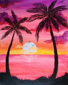 a painting of two palm trees and the sun setting over water with clouds in the sky