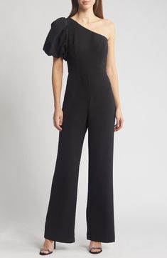 A shoulder-baring neckline and fluttery puff sleeve frame a party-ready jumpsuit cut from comfortable stretch crepe. 61" length; 31" inseam; 24" leg opening (size 8) Hidden side-zip closure One-shoulder neck Single short sleeve Partially lined 88% polyester, 12% spandex Dry clean Imported One Shoulder Jumpsuit, Eliza J, Stretch Crepe, Black Jumpsuit, Side Zip, Puff Sleeve, One Shoulder, Size 4, Jumpsuit