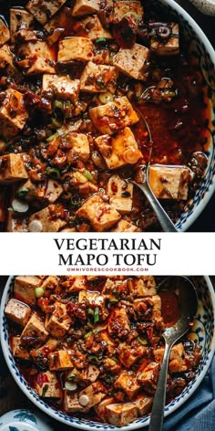 vegetarian mapo tofu in a blue and white bowl with spoons on the side