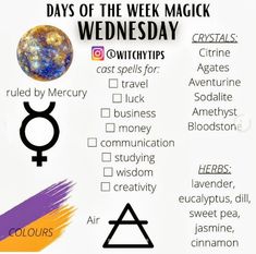 Wicca Days Of The Week, Day Of The Week Magick, Wednesday Magick, Witchcraft Weekdays, Days Of Week Magic Correspondence, Eclectic Witch, Money Affirmations