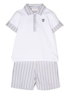 white/blue/beige cotton Polo Shirt: piqué weave embroidered logo at the chest contrasting trim polo collar short sleeves turn-up cuffs straight hem short front button fastening Shorts: vertical stripe pattern seersucker texture belt loops two diagonal pockets to the sides rear welt pocket front button and zip fastening Summer Wear For Boys, Dress With Jean Jacket, Baby Boy Accessories, Burberry Kids, Dolce And Gabbana Kids, Contrasting Trim, Cotton Polo Shirt, Kids Fashion Boy, Stella Mccartney Kids