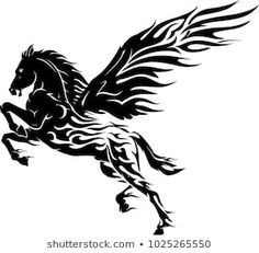 a black and white drawing of a horse with wings