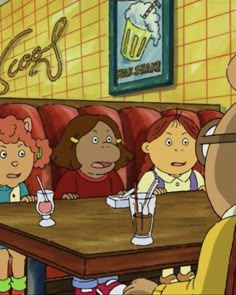 cartoon characters sitting at a table in a restaurant