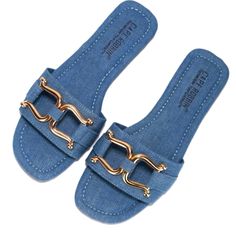 Denim Sandal With Gold Chain Links. Cushioned Foot Bed-Cape Robbin Trendy Denim Sandals For Summer, Trendy Denim Blue Sandals, Flat Denim Blue Sandals, Trendy Blue Denim Sandals, Denim Slides, Women Slippers Fashion, Denim Sandals, Velvet Flats, Slides For Women