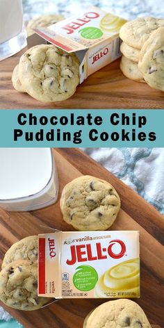 chocolate chip pudding cookies on a cutting board with a carton of jello next to it