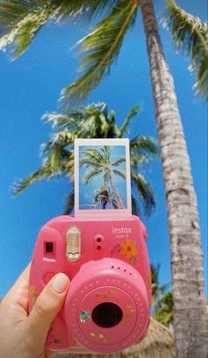 a person holding up a pink camera in front of palm trees