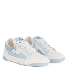 Low-top lace-up sneakers in leather with two tonal side zips and two-tone rubber sole. Low-top Sneakers With Zipper For Streetwear, Low-top Sneakers With Zipper Closure For Streetwear, Sporty Leather Sneakers With Zipper Closure, Light Blue Sneakers, Wedding Sneakers, Light Blue Wedding, Light Sneakers, Rubber Shoes, Blue Sneakers