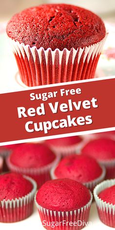 red velvet cupcakes on a plate with text overlay that reads sugar free red velvet cupcakes