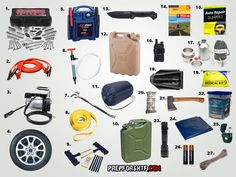 the contents of a car are shown in this graphic above it is an image of various types of tools