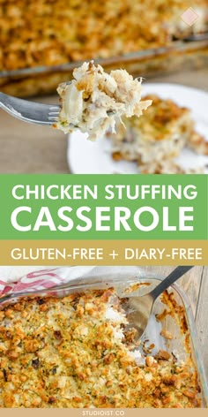 chicken stuffing casserole with text overlay