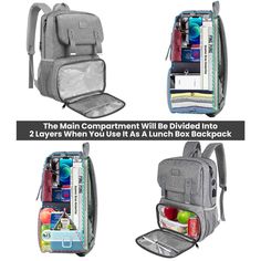 Bookbag with Lunch Box Description Carry the right backpack lunchbox when you go to school or work. It can keep your food fresh about 2-4 hours. Don't worry about that your food can leak to the backpack or your sauce splashes inside. Because this lunch box backpack are insulated waterproof and leak-proof liner. It's perfect for your nursing school. You can hold a lot of books and under 15.6 inch laptop. Product Dimensions: 11 x 7.5 x 17 inches； Item Weight: 2 pounds； Dimension of the cooler comp Large Capacity Lunch Bag For Back To School, Portable Lunch Bag For Back To School, Portable Lunch Box For Travel And Back To School, Functional School Lunch Bag Backpack, Functional School Backpack Lunch Bag, Functional Backpack Lunch Bag For School, Functional Backpack-style Lunch Bag For Back To School, Functional Backpack Lunch Bag For Back To School, Functional Lunch Box For Back To School