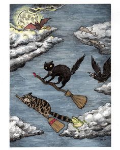 an image of cats flying on brooms in the sky