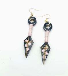 "Beautiful Kunai Earrings with Cherry Blossom accents and ribbon wrapped handles. Will take your cosplay up a notch. Anime lovers will love them. About 2\" long. Can be made in other colors just message me. Earrings are on gold tone hypoallergenic wires." Japanese Earrings, Earrings Anime, Cherry Blossom Earrings, Earrings Japanese, Anime Earrings, Your Cosplay, Anime Accessories, Dangle Hoop Earrings, Earring Wires