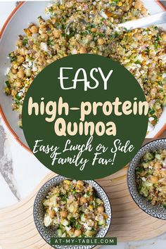 A bowl of quinoa salad with chickpeas, fresh vegetables, and feta cheese, highlighting a nutritious and gluten-free recipe. The text overlay emphasizes “Gluten-Free Quinoa Recipe – Healthy & Nutritious,” part of the Healthy Family Recipes board.