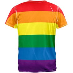 Rainbow Flag covers whole shirt. Printed on a polyester, classic fitted, crew neck sublimated t-shirt. The dye sublimation printing process creates slight imperfections that are unique to each garment. Multicolor Custom Print Graphic Tee Shirt, Multicolor Graphic Tee With Custom Print, Multicolor Custom Print Graphic Tee, Pride Graphic Print Short Sleeve T-shirt, Cotton T-shirt With Rainbow Print For Pride, White Pre-shrunk Top For Pride, Colorful Sublimation Print Short Sleeve Tops, Pre-shrunk Crew Neck T-shirt For Pride, Colorful Short Sleeve Tops With Sublimation Print