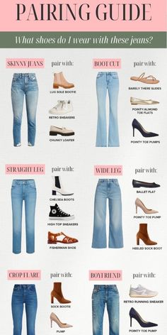 Wondering what shoes to wear with your jeans? Discover how to match shoes to jeans with this comprehensive guide. From skinny jeans to wide-leg and crop flare, find the perfect shoe for every silhouette. Vestiti In Jeans, Jeans And Shoes, Elegant Pumps, Mode Tips, Look Jean, Fashion Capsule Wardrobe, Fashion Top Outfits, Fashion Vocabulary, Moda Jeans