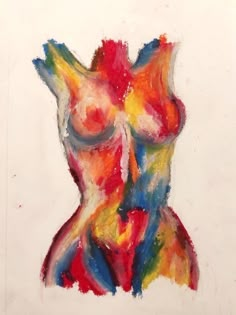 an abstract painting on white paper with red, yellow and blue colors in the shape of a woman's torso