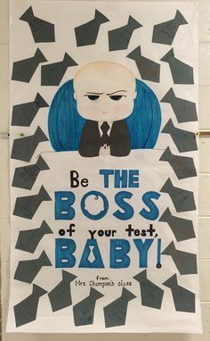 a child's poster hanging on the wall with arrows pointing up to him and saying be the boss of your first baby