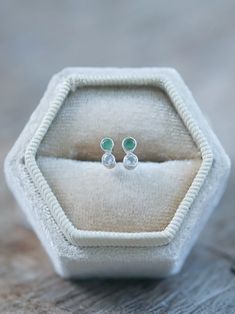 Handmade with love by Gardens of the Sun. Dainty emerald and rainbow moonstone earrings - sparkling elegance fit for everyday wear.