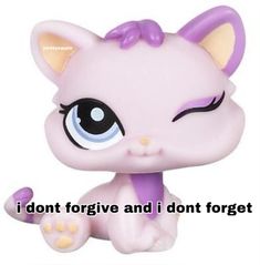 a little pink cat with big eyes and purple hair, has the words i don't forget and i don't forget