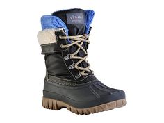 Storm by Cougar Creek - Women's Shoes : Black/Blue : Classic duck boot style mixes with a fashionable winter boot, the Storm by Cougar Creek is a sturdy but cute, warm but trendy boot for all of your winter footwear needs. Temperature rated -24ºC/-11ºF Waterproof nylon upper keeps feet dry and comfortable. Lace up construction. Cushioned foam midsole for a comfortable wear. Rubber outsole with anti-slip traction. Imported. Measurements: • Heel Height: 1 • Platform Height: 0.5 • Boot Shaft Height Insulated High-top Hiking Boots For Walking, Insulated High-top Nylon Hiking Boots, Black Ankle-high Hiking Boots With Rubber Sole, Insulated Slip-on Hiking Boots, Insulated Lace-up Hiking Boots With Round Toe, Winter Footwear, Duck Boot, Snow Boot, Boot Style