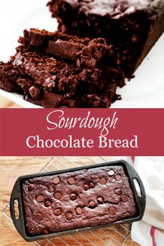 chocolate brownies are stacked on top of each other with the words sourdough chocolate bread