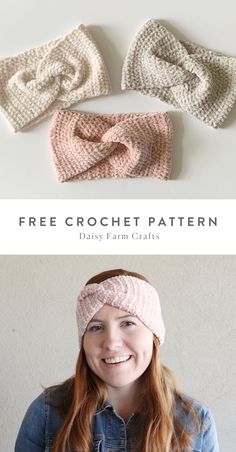 three crocheted headbands are shown with the text, free crochet pattern