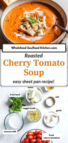 roasted cherry tomato soup with text overlay