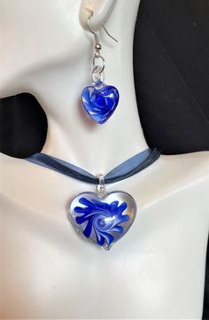 "Murano Glass Heart Pendant Necklace and Earrings Set , Orange Glass Heart , Blue Glass heart , Green Glass Heart , Brown Glass Heart. It is about 16\" and has an extender also. CHOOSE Please browse through my store, I add items frequently ! Please ask any questions as I do not accept returns Thank You !" Blue Heart Charm Earrings For Valentine's Day, Handmade Blue Heart Cut Jewelry, Blue Heart Earrings For Valentine's Day, Adjustable Blue Jewelry For Valentine's Day, Elegant Blue Jewelry With Heart Beads, Blue Glass Heart Beads Jewelry, Blue Glass Jewelry With Heart Beads, Blue Heart Beads Heart-shaped Jewelry, Blue Heart-shaped Jewelry With Heart Beads