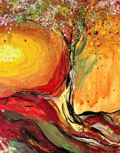 an abstract painting of a tree with red, yellow and green leaves